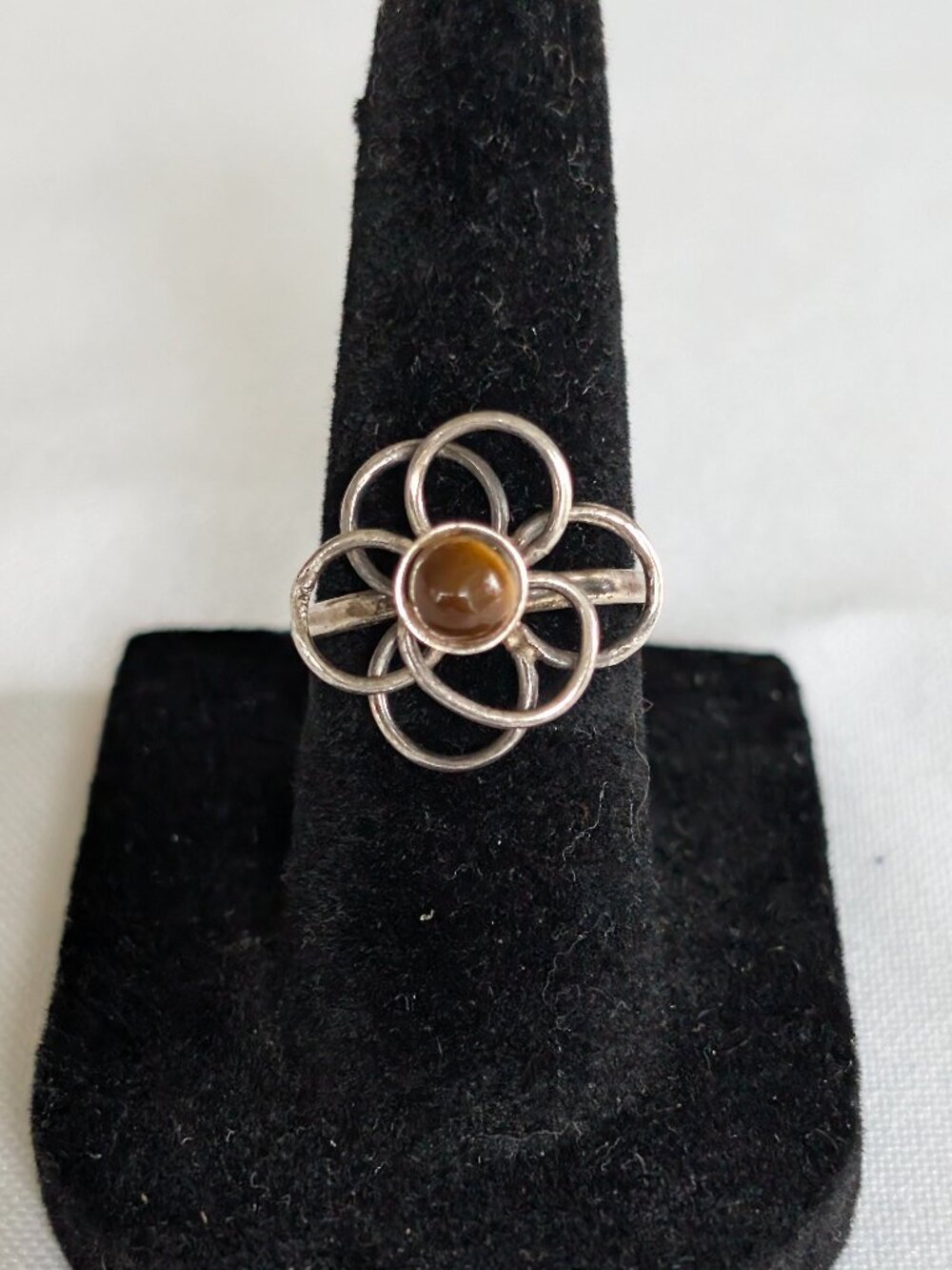 Sterling Silver Cabochon Tigers Eye Circle Flower Petite Ring Size 5 3/4